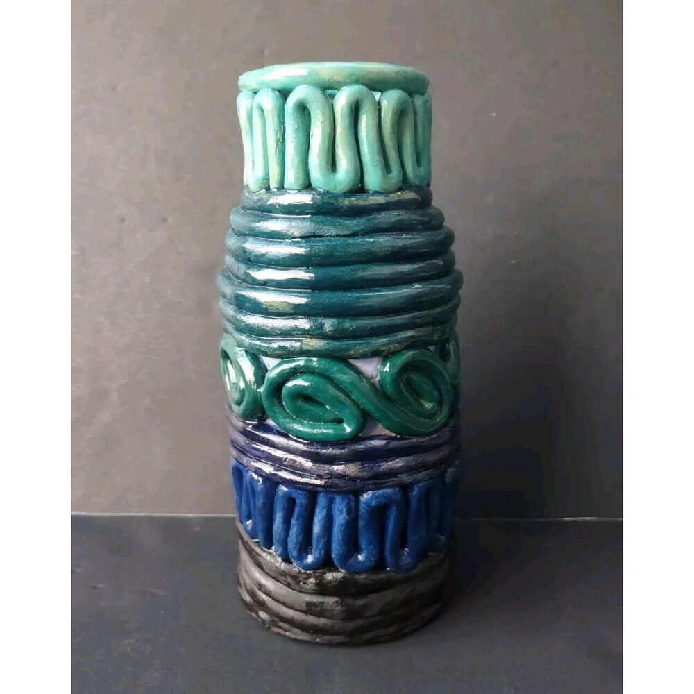 Blue & Green 8" Coil Pottery Vase- Eclectic Textured Glazed Pot